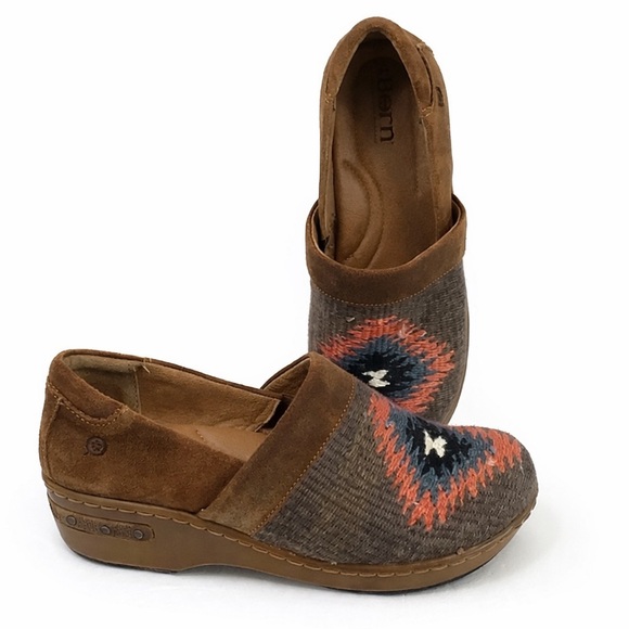Born Shoes - BORN Women's Brown Suede Slip-On Clogs Coral Blue Woven Southwest Accent 9